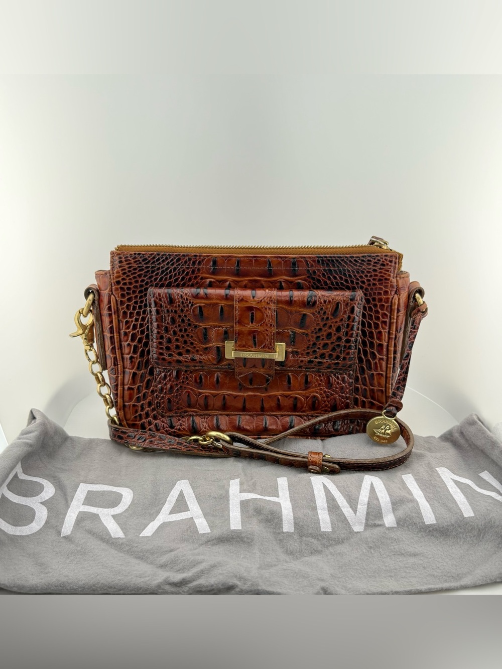 Brahmin Theo Crossbody in Pecan Melbourne Croc-Embossed Leather